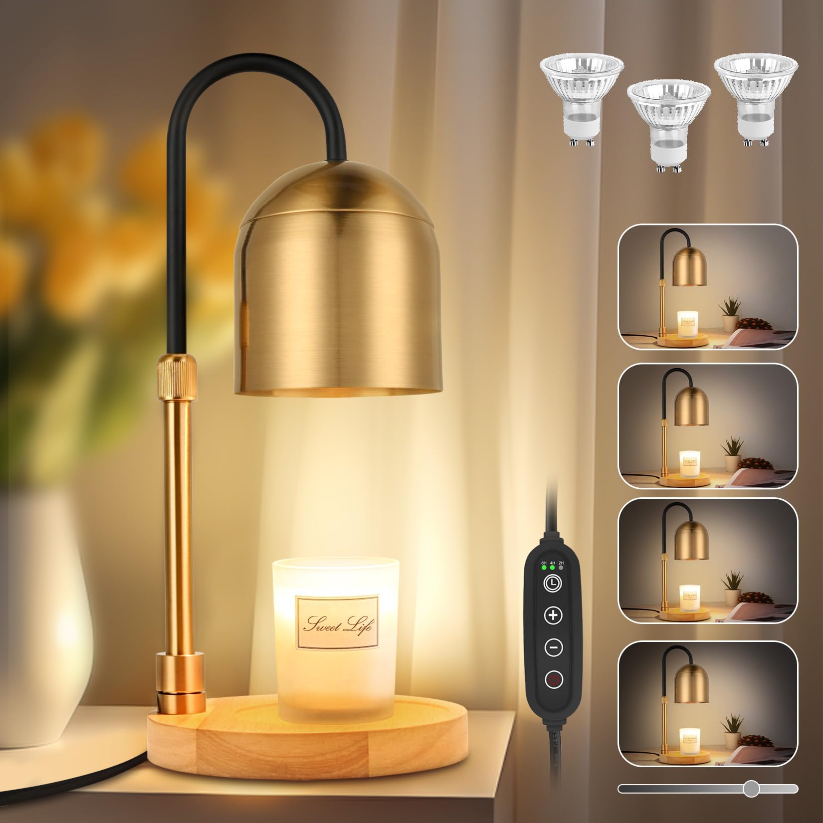 Gold Candle Warmer Lamp with Timer, Dimmer & Adjustable Height